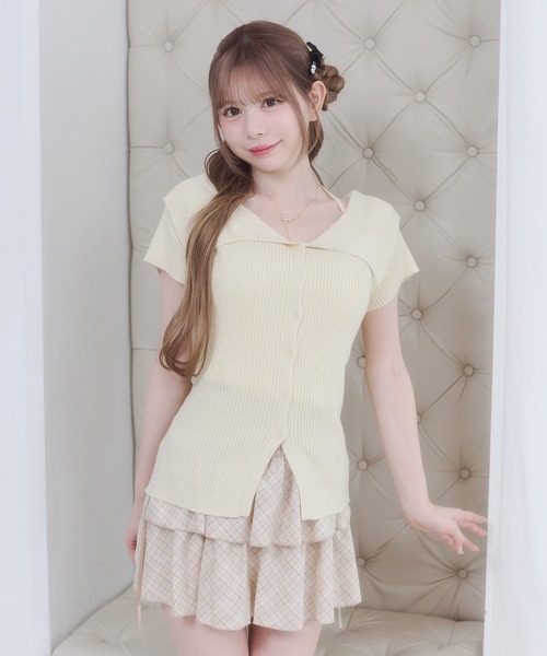 Rmine(アールマイン)の「チョーカー風ストラップ リブニット オフショル トップス(半袖)(ニット/セーター・レディース・ブルー/ホワイト/ベージュ・FREE)」の22枚目の写真