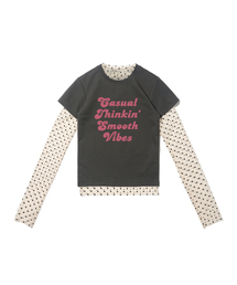 ドットシースルーロングスリーブレイヤードカジュアル半袖Tシャツセット(アイボリー/チャコール)
