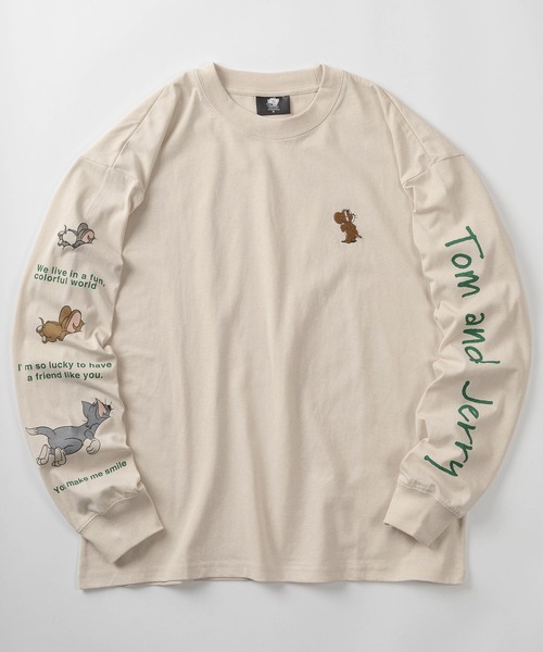 Tom&Jerry(トムアンドジェリー)の「【71】【TOM&JERRY/トムとジェリー】クルーネック ロングスリーブ Tシャツ/袖プリント&刺繍/ヴィンテージ風/ユニセックス/レディース/メンズ(Tシャツ/カットソー・レディース・ベージュ/ブラック/ブラック系/アイボリー・M/L/XL)」の2枚目の写真