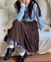 チェック切替コーデュロイティアードスカート / フェイクレイヤード風ロングボトムス クラシカル フレンチガーリー