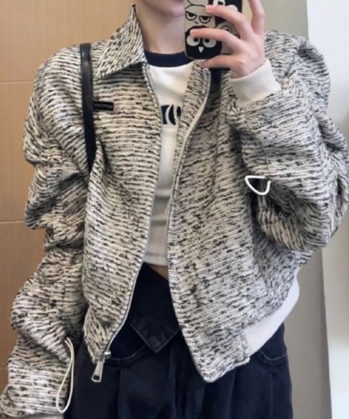 Teem Store(チームストア)の「ドロストシャーリング ツイードジップブルゾン(ブルゾン・レディース・グレー・M)」の2枚目の写真