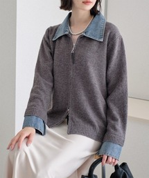 ニット×デニム 異素材ドッキングカーディガン
