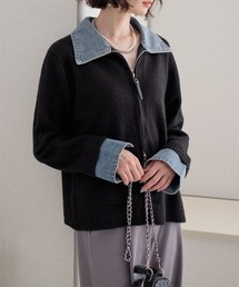 ニット×デニム 異素材ドッキングカーディガン