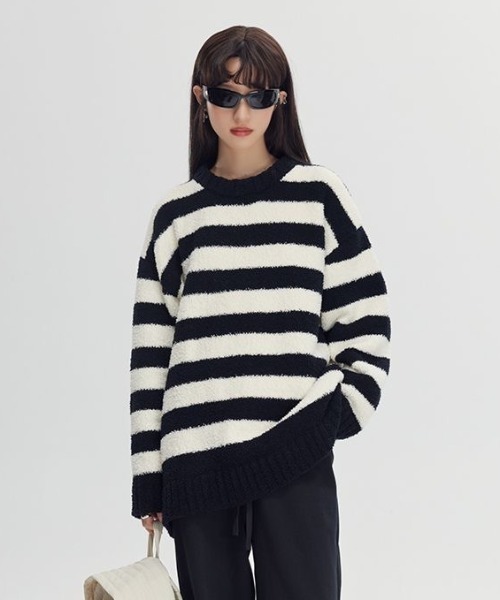 SHERU(シェル)の「ワイドボーダー ビックシルエット モールニット もちもこ(ニット/セーター・レディース・ブラウン/ブラック・M)」の15枚目の写真