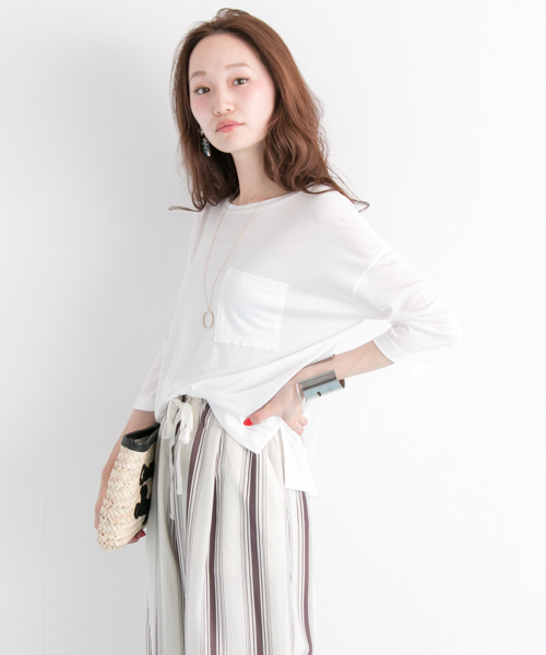 URBAN RESEARCH（アーバンリサーチ）の「UR テンセルポケットTシャツ（Tシャツ/カットソー・レディース・ベージュ系その他/ホワイト×ネイビー/ミント/オフホワイト・FREE）」の2枚目の写真