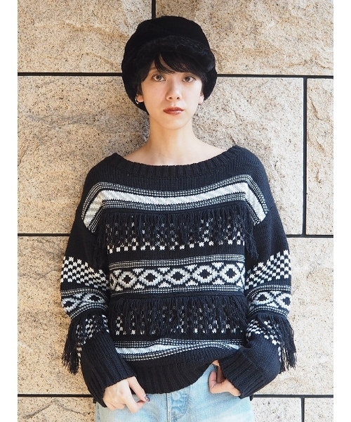 MURUA（ムルーア）の「ノルディック柄KNIT（ニット/セーター・レディース・ブラック/オフホワイト/グリーン・FREE）」の3枚目の写真