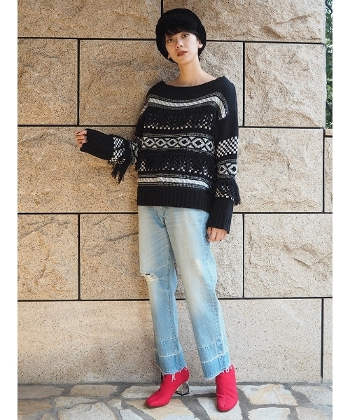 MURUA（ムルーア）の「ノルディック柄KNIT（ニット/セーター・レディース・ブラック/オフホワイト/グリーン・FREE）」の5枚目の写真