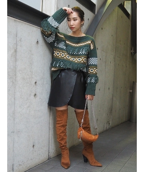 MURUA（ムルーア）の「ノルディック柄KNIT（ニット/セーター・レディース・ブラック/オフホワイト/グリーン・FREE）」の6枚目の写真