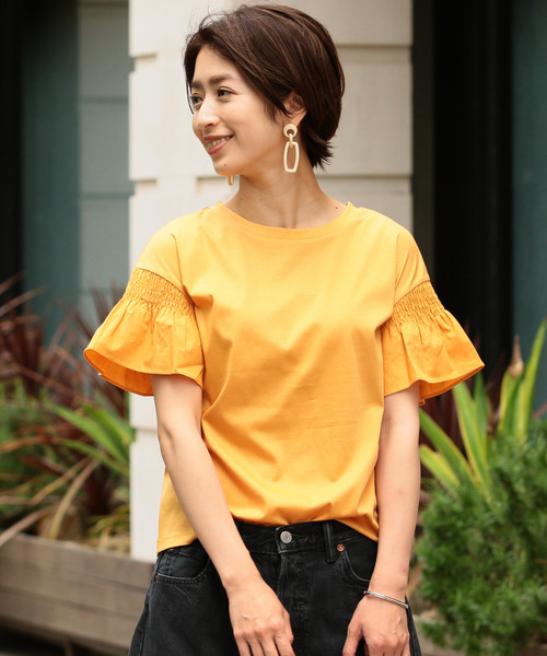 BEAUTY&YOUTH UNITED ARROWS（ビューティーアンドユースユナイテッドアローズ）の「BY∴ 天竺×ローン シャーリングショートスリーブ о（Tシャツ/カットソー・レディース・ホワイト/ブラック/オレンジ/オフホワイト・FREE）」の4枚目の写真