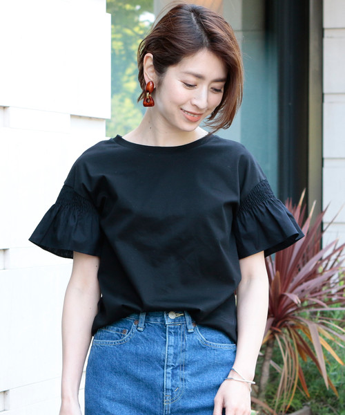 BEAUTY&YOUTH UNITED ARROWS（ビューティーアンドユースユナイテッドアローズ）の「BY∴ 天竺×ローン シャーリングショートスリーブ о（Tシャツ/カットソー・レディース・ホワイト/ブラック/オレンジ/オフホワイト・FREE）」の3枚目の写真