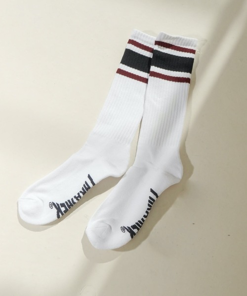 THRASHER（スラッシャー）の「MAG LOGO HI SOCKS/スラッシャー 靴下 ソックス ハイソックス ライン入り（ソックス/靴下・メンズ・ブラック/ホワイト/ホワイト×ネイビー・FREE）」の2枚目の写真