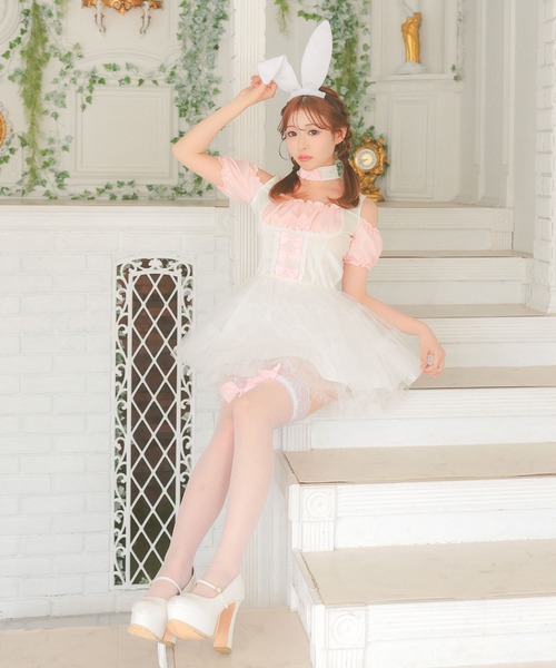 Tika(ティカ)の「コスプレ かわいい バニーガール メイド うさぎ ウエイトレス オフショルダー フレアワンピース 3点セット コンカフェ(コスチューム/パーティーグッズ・レディース・ブラック/レッド/ホワイト×ピンク・S/M/L/XL)」の18枚目の写真