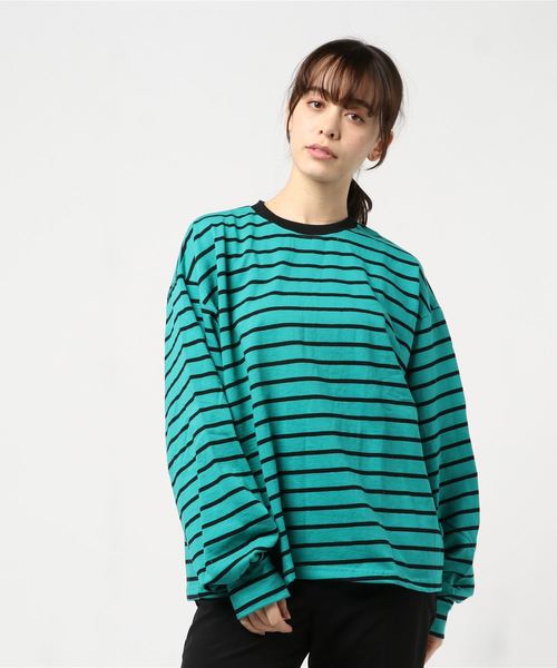 DING（ディング）の「DING/ボーダーロンT（Tシャツ/カットソー・レディース・グリーン/イエロー/ホワイト・FREE）」の4枚目の写真