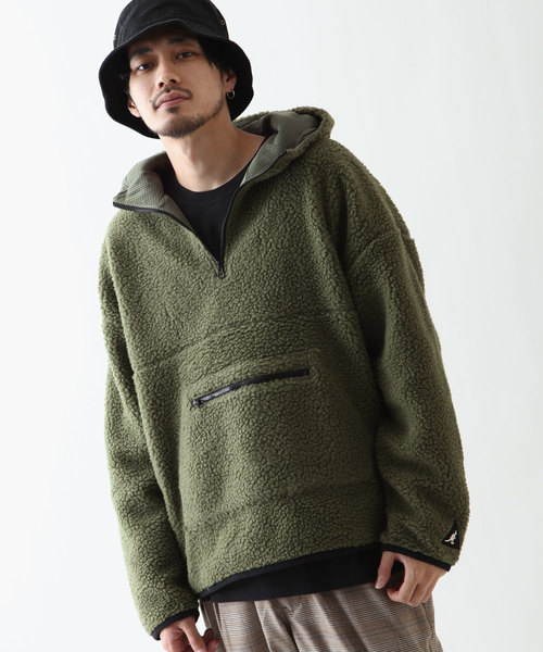 KANGOL（カンゴール）の「【KANGOL】 シープボア フリース ハーフジップ ビッグ アノラック ブルゾン / ボアジャケット（ブルゾン・メンズ・ブラウン/カーキ/ベージュ/オフホワイト/ブラック/ブルー/パープル/ブラック×ホワイト/ベージュ系・SMALL/MEDIUM/LARGE/X-LARGE）」の7枚目の写真