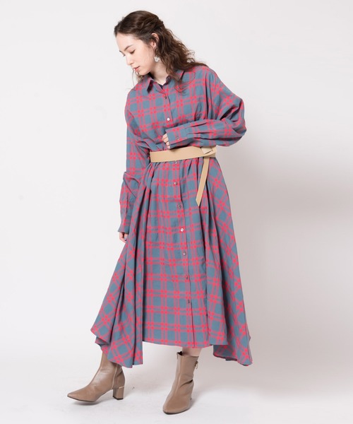 LAYMEE（レイミー）の「Holt shirts OP / ホルトシャツワンピース（シャツワンピース・レディース・ベージュ/ブルー系その他/ブラック×パープル・FREE）」の3枚目の写真