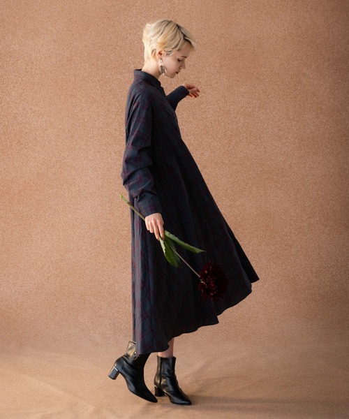 LAYMEE（レイミー）の「Holt shirts OP / ホルトシャツワンピース（シャツワンピース・レディース・ベージュ/ブルー系その他/ブラック×パープル・FREE）」の8枚目の写真