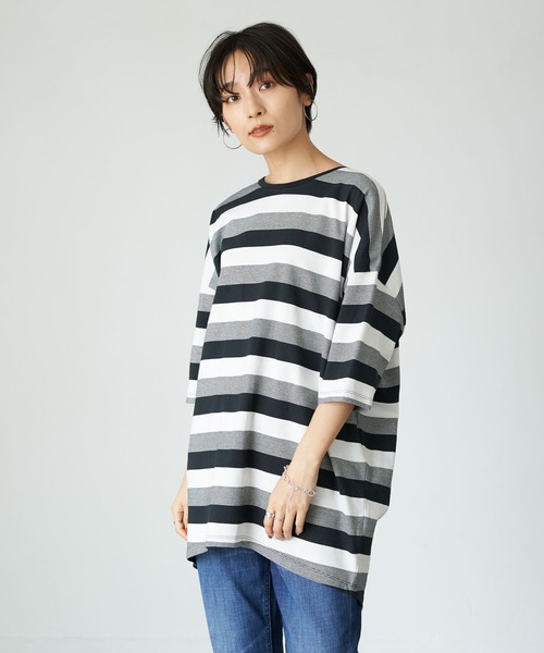 AMERICAN HOLIC（アメリカンホリック）の「マルチボーダーカットチュニック1 ＊（Tシャツ/カットソー・レディース・ブラック/ネイビー・FREE）」の2枚目の写真