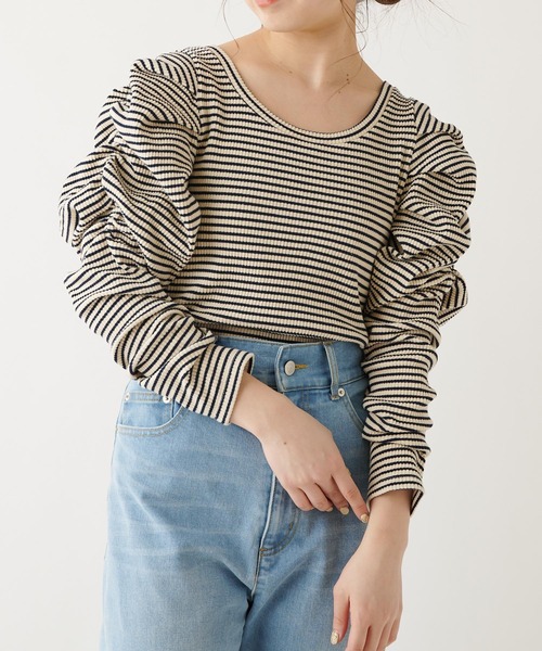 Chico（チコ）の「スクエアボーダーパワショルT（Tシャツ