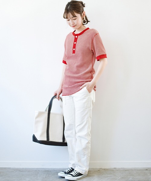 Healthknit(ヘルスニット)の「軽くて楽な着心地のベーシックワッフルヘンリーネックTシャツ by Healthknit(Tシャツ/カットソー・レディース・ブラック系その他/レッド系その他・MEDIUM)」の6枚目の写真