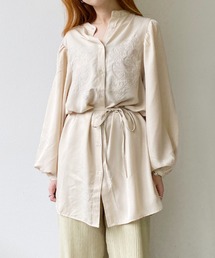 刺繍入りバンドカラーチュニックシャツ