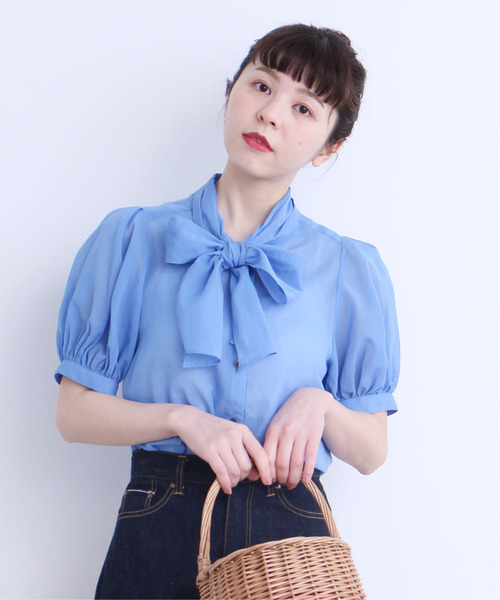 Dot&amp;Stripes CHILDWOMAN - ヘリンボーン フラワープリント 袖プリーツ ブラウス Dot&Stripes CHILDWOMAN - Dot＆Stripes ヘリンボーンフラワー