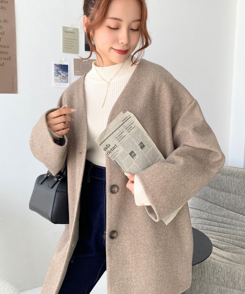 moment+（モーメントプラス）の「【累計販売枚数3万枚突破！】ニットメルトンノーカラーミドルコート（ノーカラーコート・レディース・ブラック/ダークグリーン/パープル/ブラウン/オレンジ/ブルー/ライトグリーン/アイボリー/ホワイト系その他/グレー系その他/ブラウン系その他/ベージュ/カーキ/チャコールグレー/グレー・M/L/S）」の21枚目の写真