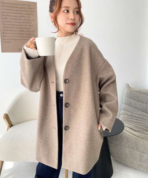 moment+（モーメントプラス）の「【累計販売枚数3万枚突破！】ニットメルトンノーカラーミドルコート（ノーカラーコート・レディース・ブラック/ダークグリーン/パープル/ブラウン/オレンジ/ブルー/ライトグリーン/アイボリー/ホワイト系その他/グレー系その他/ブラウン系その他/ベージュ/カーキ/チャコールグレー/グレー・M/L/S）」の19枚目の写真