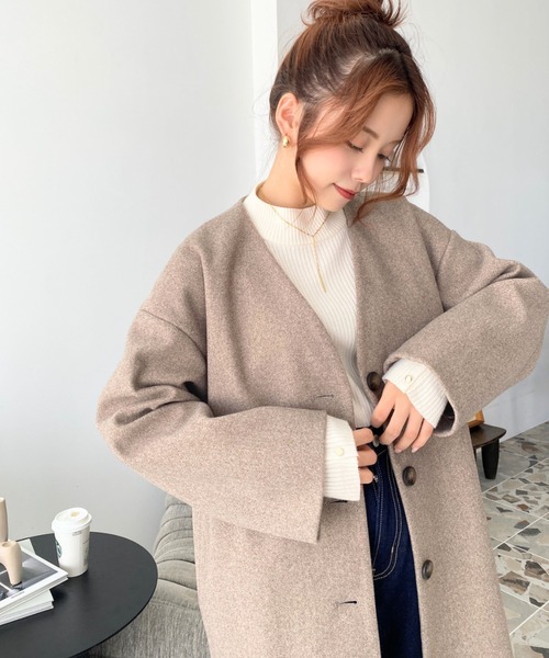 moment+（モーメントプラス）の「【累計販売枚数3万枚突破！】ニットメルトンノーカラーミドルコート（ノーカラーコート・レディース・ブラック/ダークグリーン/パープル/ブラウン/オレンジ/ブルー/ライトグリーン/アイボリー/ホワイト系その他/グレー系その他/ブラウン系その他/ベージュ/カーキ/チャコールグレー/グレー・M/L/S）」の20枚目の写真