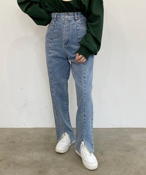 nemne store（ネンネストア）の「夢をつかむセンタースリットデニムパンツ（デニムパンツ・レディース・ブラック/インディゴブルー/ブルー/ピンク/グリーン・SMALL/MEDIUM）」の4枚目の写真