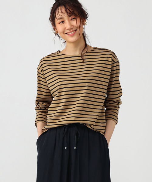 Petit Honfleur(プチオンフルール)の「ボーダーロングTシャツ(Tシャツ/カットソー・レディース・ネイビー/モカ・M/L)」の2枚目の写真