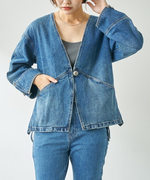 Moname(モナーム)の「【MONAME/モナーム】デニムノーカラージャケット(ノーカラージャケット・レディース・インディゴブルー・FREE)」の17枚目の写真