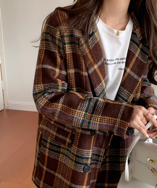 emi+（エミプラス）の「チェック柄ショートコート（ピーコート・レディース・ブラウン/グレー/グリーン・M/L/S）」の3枚目の写真