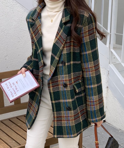 emi+（エミプラス）の「チェック柄ショートコート（ピーコート・レディース・ブラウン/グレー/グリーン・M/L/S）」の5枚目の写真