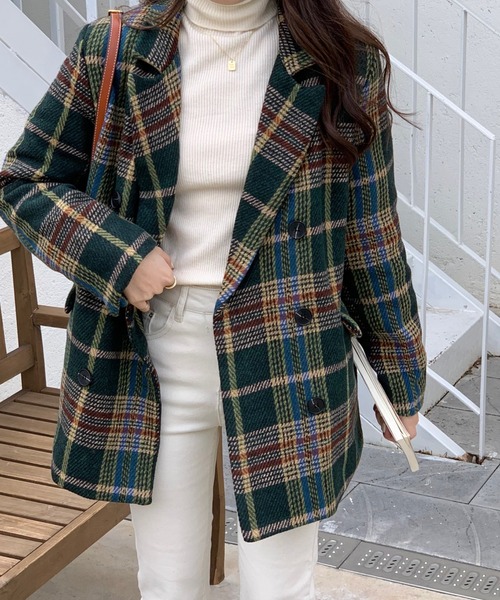 emi+（エミプラス）の「チェック柄ショートコート（ピーコート・レディース・ブラウン/グレー/グリーン・M/L/S）」の10枚目の写真