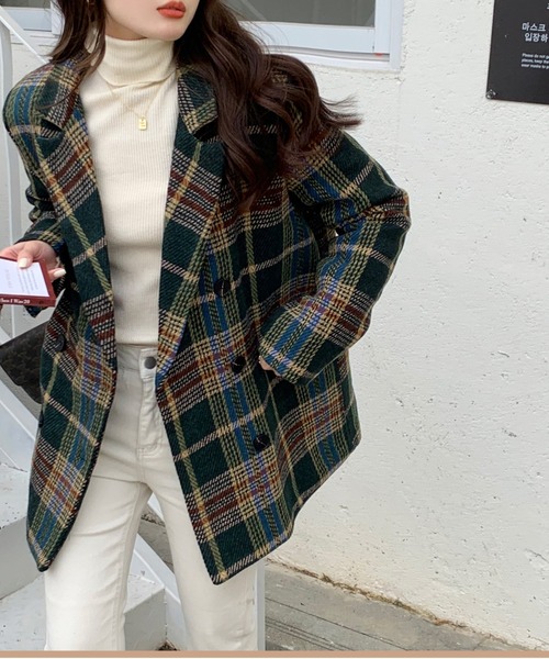 emi+（エミプラス）の「チェック柄ショートコート（ピーコート・レディース・ブラウン/グレー/グリーン・M/L/S）」の11枚目の写真