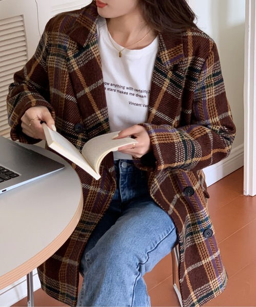 emi+（エミプラス）の「チェック柄ショートコート（ピーコート・レディース・ブラウン/グレー/グリーン・M/L/S）」の14枚目の写真