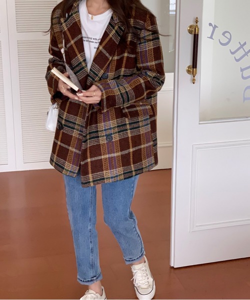 emi+（エミプラス）の「チェック柄ショートコート（ピーコート・レディース・ブラウン/グレー/グリーン・M/L/S）」の6枚目の写真