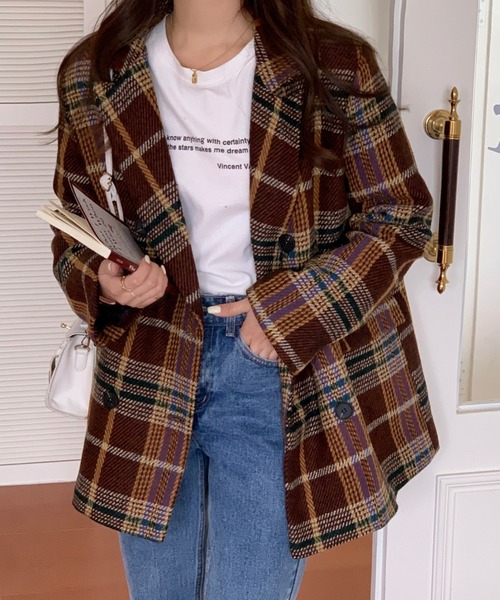 emi+（エミプラス）の「チェック柄ショートコート（ピーコート・レディース・ブラウン/グレー/グリーン・M/L/S）」の7枚目の写真