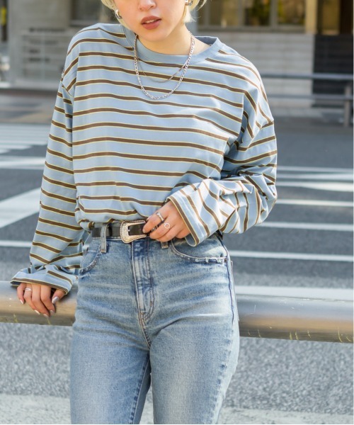 SpRay(スプレイ)の「マルチボーダーロングTシャツ(Tシャツ/カットソー・レディース・ブラック/サックスブルー/ピンク/イエロー・FREE)」の11枚目の写真