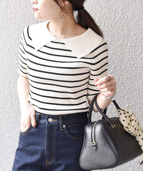 SHIPS(シップス)の「*〈手洗い可能/UVカット〉襟付き5分袖リブニット◆(ニット/セーター・レディース・ブラック/ネイビー/オフホワイト/ダークグレー・ONE SIZE)」の2枚目の写真