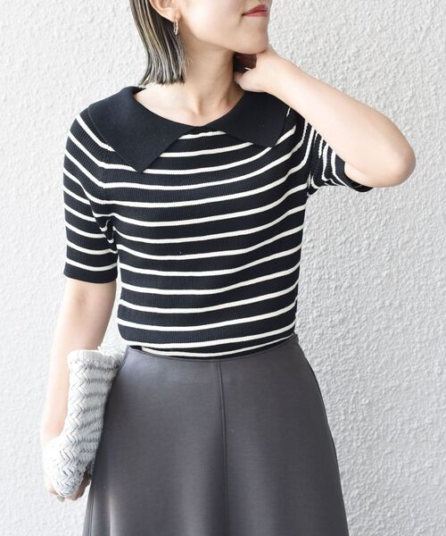 SHIPS(シップス)の「*〈手洗い可能/UVカット〉襟付き5分袖リブニット◆(ニット/セーター・レディース・ブラック/ネイビー/オフホワイト/ダークグレー・ONE SIZE)」の9枚目の写真