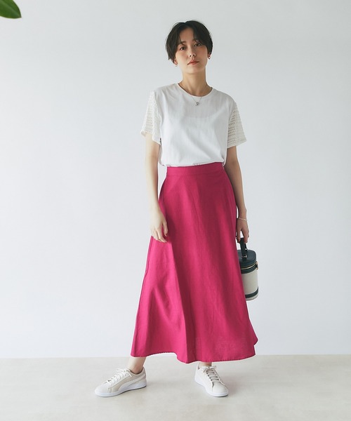 un dix cors（アンディコール）の「美シルエット　フレンチリネンブレンドキャンパスフレアスカート（スカート・レディース・ベージュ/ブラック/ピンク/グリーン・FREE）」の5枚目の写真