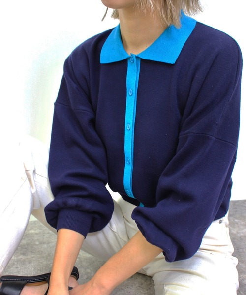 MLI'A(エムリア)の「襟付き配色カーディガン(カーディガン/ボレロ・レディース・ネイビー/ピンク/オフホワイト/ライトグレー・M)」の3枚目の写真