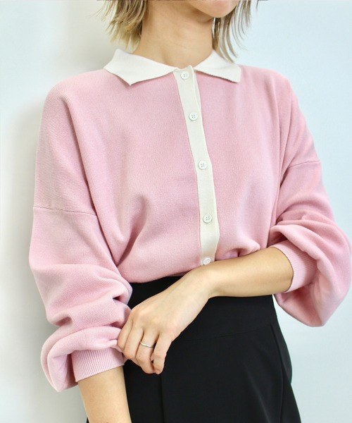 MLI'A(エムリア)の「襟付き配色カーディガン(カーディガン/ボレロ・レディース・ネイビー/ピンク/オフホワイト/ライトグレー・M)」の4枚目の写真