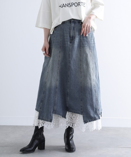 somari imagination(ソマリ イマジネーション)の「『レースペチ付きアシメ切替デニムスカート』(デニムスカート・レディース・ブルー・2/1)」の10枚目の写真