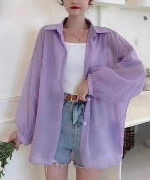 SpRay（スプレイ）の「シアーシャツ（シャツ/ブラウス・レディース・ブラック/パープル/オフホワイト/ピンク/オレンジ/グリーン・FREE）」の4枚目の写真