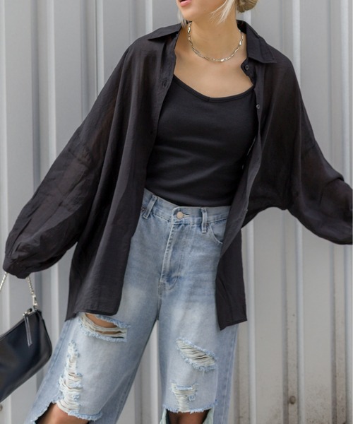 SpRay（スプレイ）の「シアーシャツ（シャツ/ブラウス・レディース・ブラック/パープル/オフホワイト/ピンク/オレンジ/グリーン・FREE）」の3枚目の写真