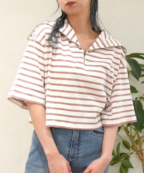 sango（sango）の「ハーフジッププルオーバー（Tシャツ/カットソー・レディース・ホワイト×ブラック/ホワイト×ピンク/グレー×ホワイト・FREE）」の2枚目の写真