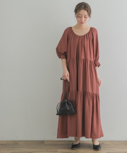 F by ROSSO(エフバイロッソ)の「F by ROSSO ギャザーネックティアードワンピース(ワンピース・レディース・グリーン/マスタード/レッド系その他・38/36)」の3枚目の写真