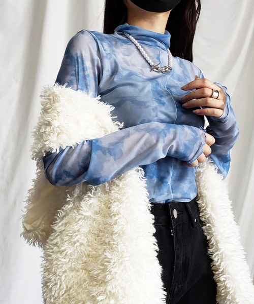 me+em select(ミームセレクト)の「※※【 5color 】カラーマーブルシアーハイネックメロートップス(Tシャツ/カットソー・レディース・ピンク/オレンジ/ブルー/グレイッシュベージュ/アイボリー・MEDIUM/FREE)」の4枚目の写真